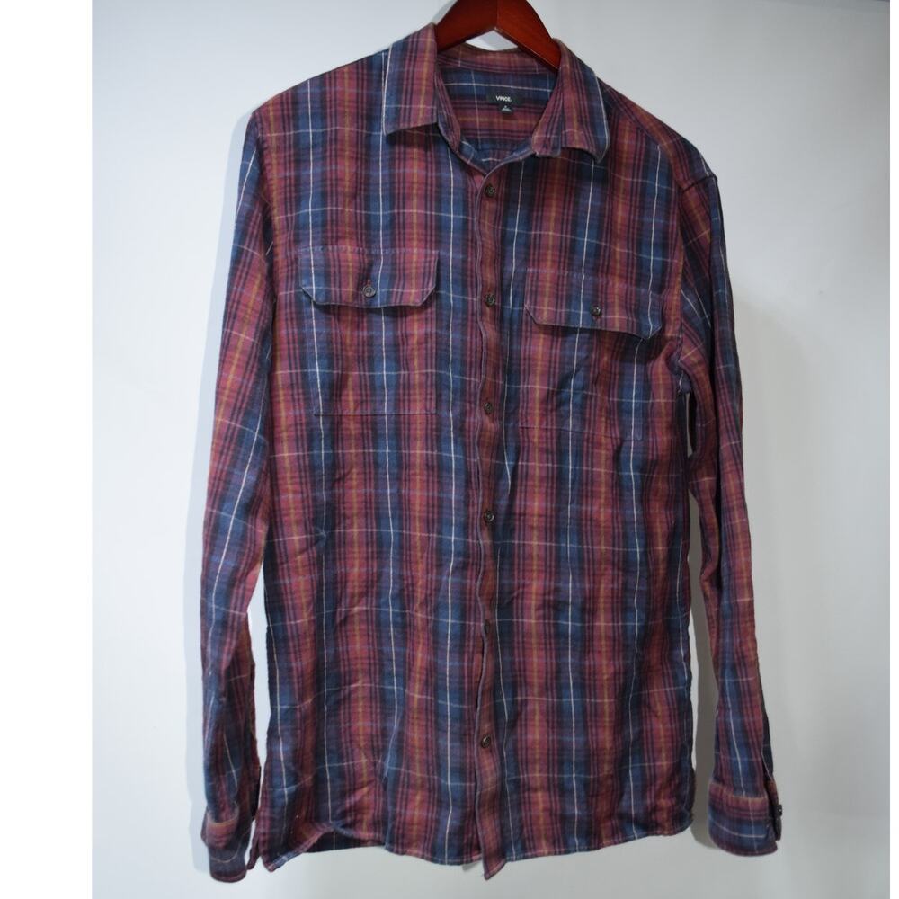 Vince Men’s Plaid Cotton Button Front Shirt Size M Red Navy Blue